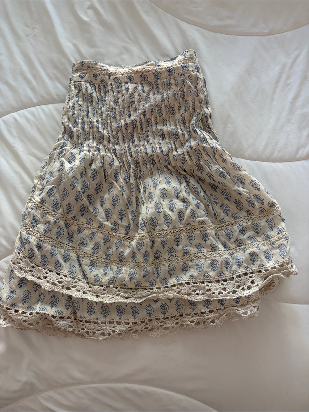 Free People Cream and Blue Paisley Lace-Trim Mini Skirt